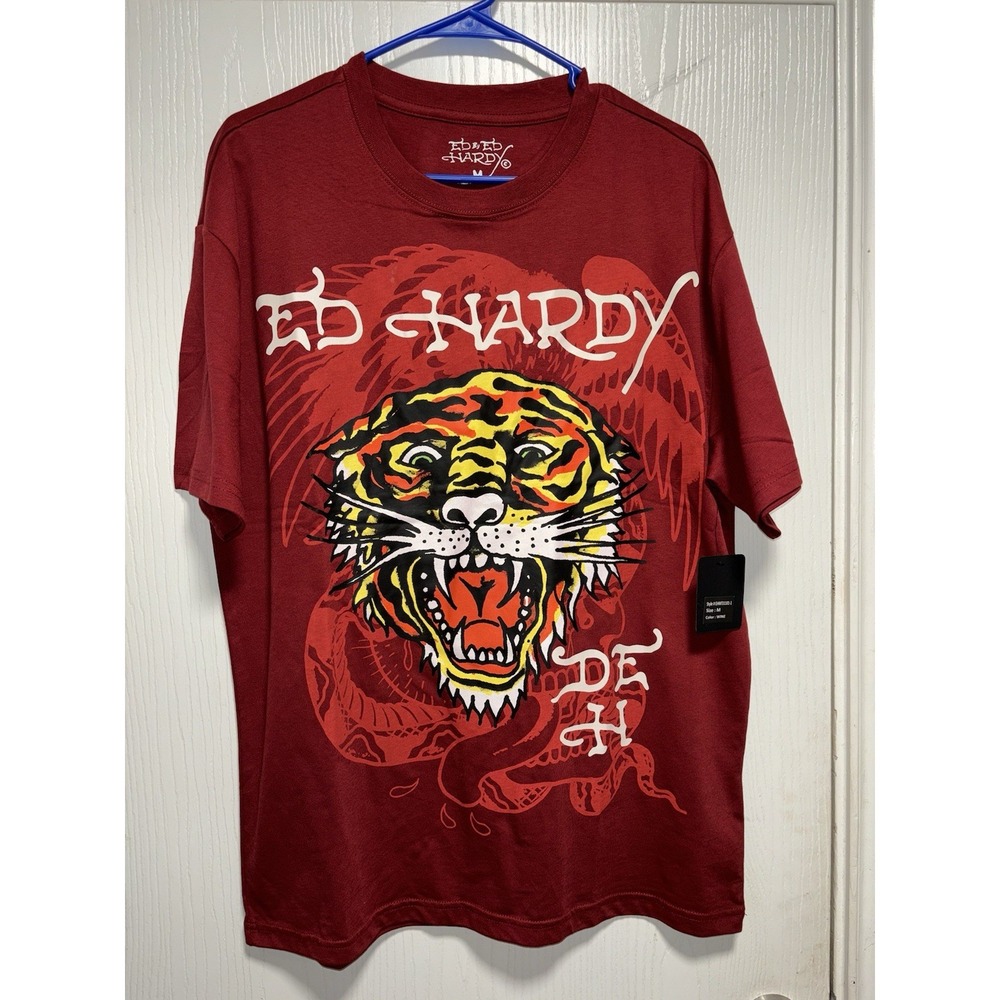 Ed By Ed Hardy Men's‎ T Shirt Tiger Print Wine Color Size M NWT